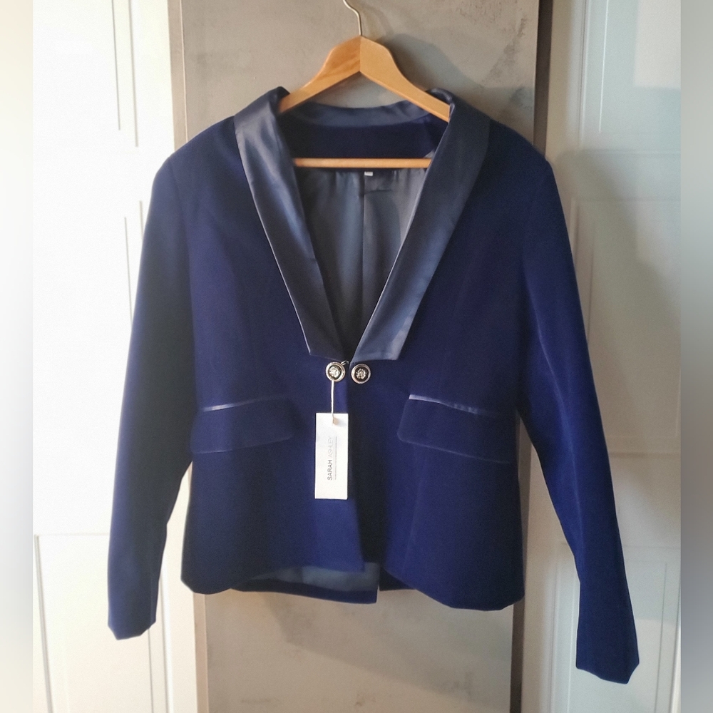 Holiday Navy Velour Women's Blazer with Satin Trim. NYE Must!